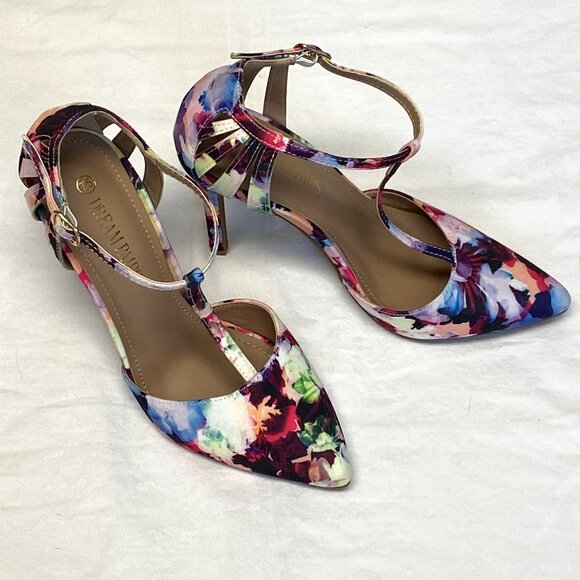 Dream Pairs Oppointed 7.5 Floral T-Strap Closed Toe Stiletto Heel Dress Pumps - Picture 8 of 12